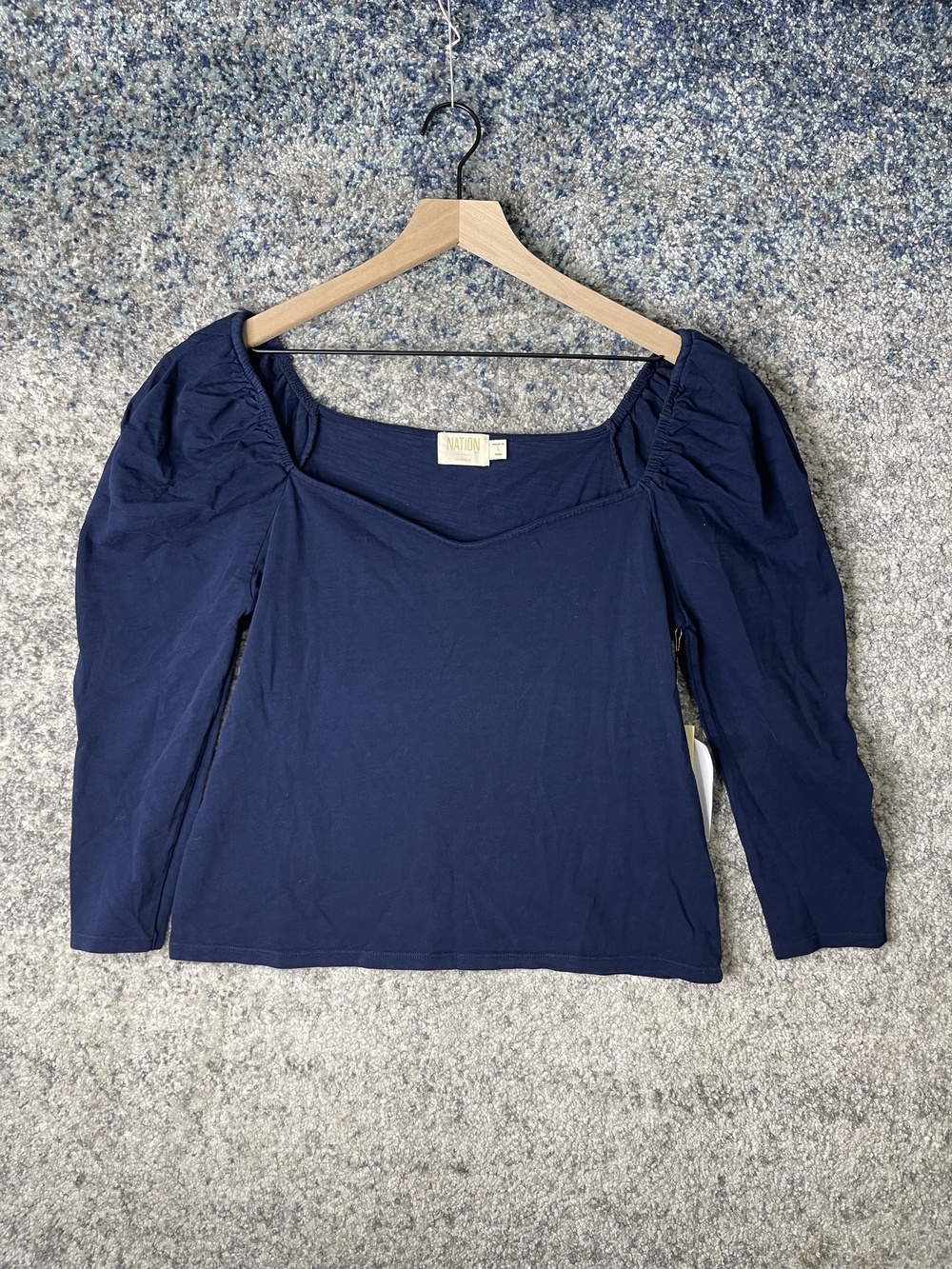 Nation LTD Shirt Womens Large Navy Blue Puff Sleeve Square Neck Cotton Top